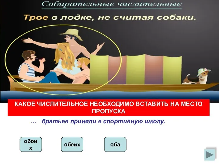 КАКОЕ ЧИСЛИТЕЛЬНОЕ НЕОБХОДИМО ВСТАВИТЬ НА МЕСТО ПРОПУСКА … братьев приняли в спортивную школу. обоих обеих оба