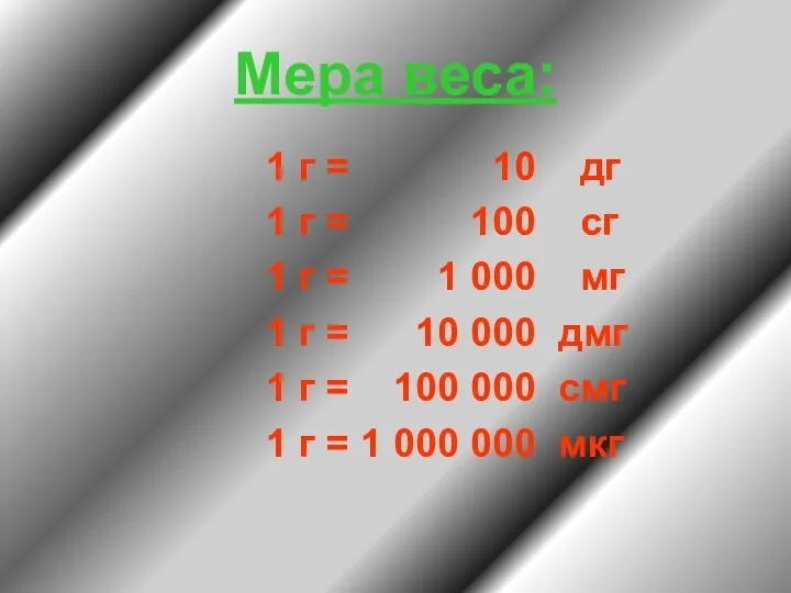 Мера веса: 1 г = 10 дг 1 г = 100