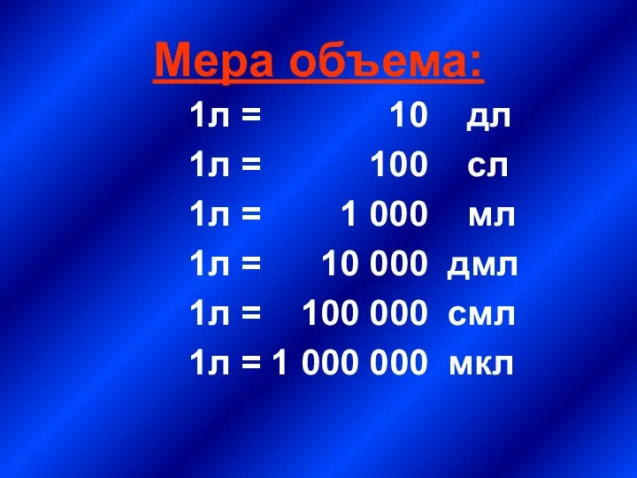 Мера объема: 1л = 10 дл 1л = 100 сл 1л