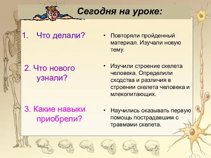 Что делали? 2. Что нового узнали? 3. Какие навыки приобрели? Повторяли