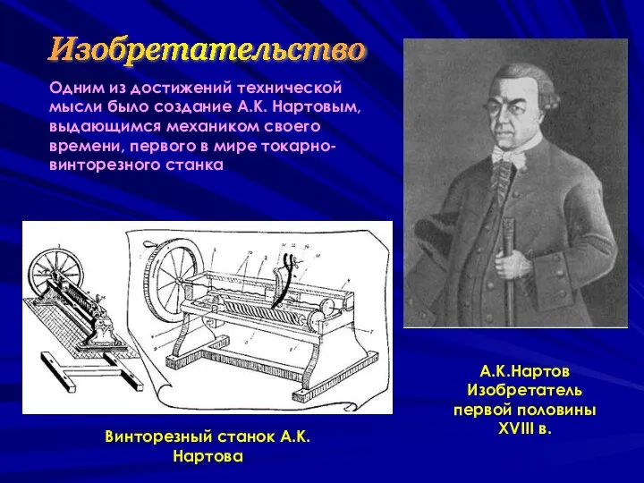 А.К.Нартов Изобретатель первой половины XVIII в. Винторезный станок А.К.Нартова Изобретательство Одним