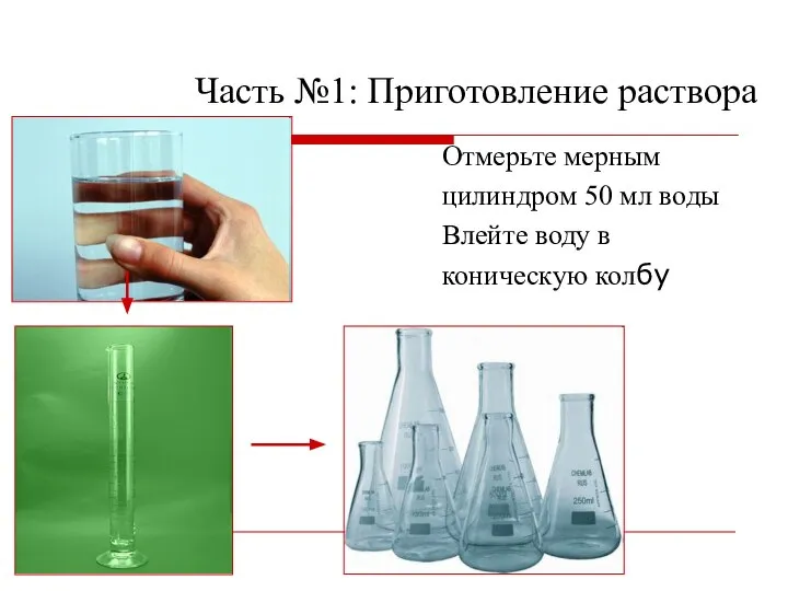 Часть №1: Приготовление раствора Отмерьте мерным цилиндром 50 мл воды Влейте воду в коническую колбу