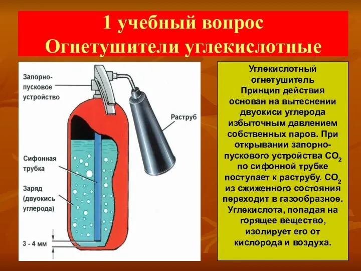 1 учебный вопрос Огнетушители углекислотные Углекислотный огнетушитель Принцип действия основан на