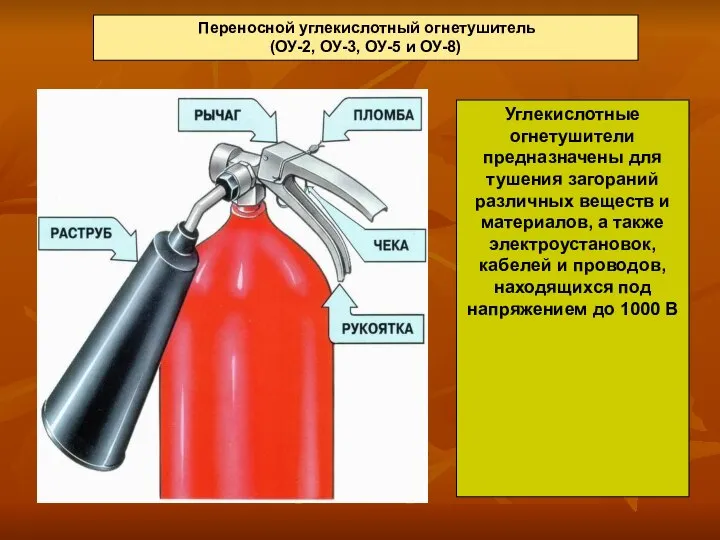 Переносной углекислотный огнетушитель (ОУ-2, ОУ-3, ОУ-5 и ОУ-8) Углекислотные огнетушители предназначены