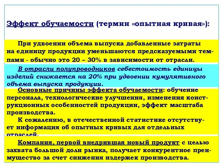 Эффект обучаемости (термин «опытная кривая»): В отрасли полупроводников себестоимость единицы изделий