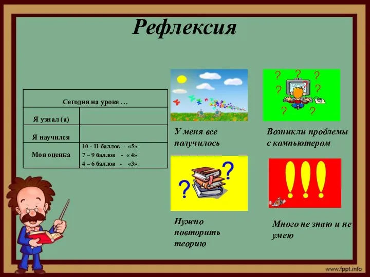 Рефлексия У меня все получилось Возникли проблемы с компьютером Нужно повторить