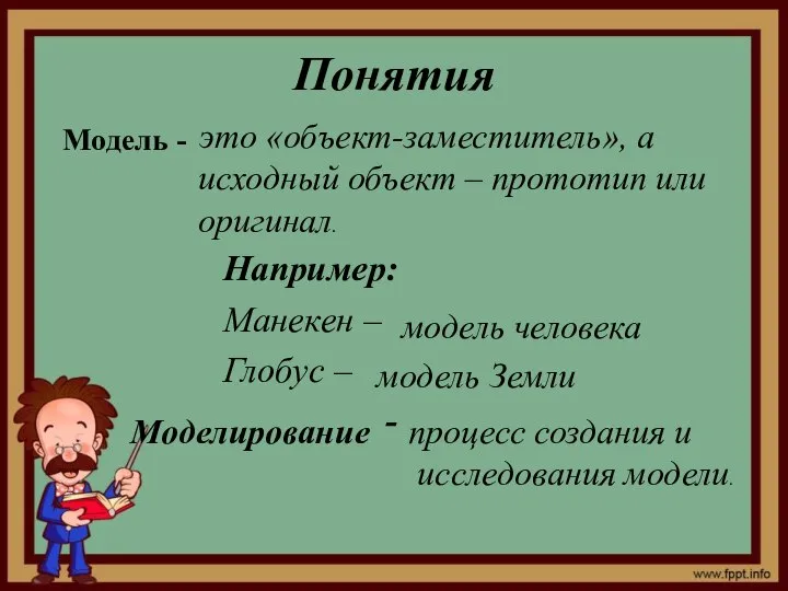 Понятия Например: Манекен – Глобус – - Модель - модель человека