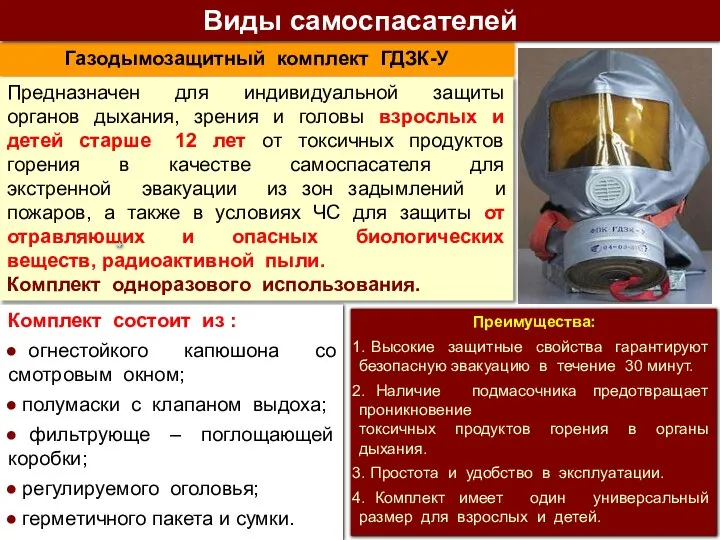 Газодымозащитный комплект ГДЗК-У Предназначен для индивидуальной защиты органов дыхания, зрения и