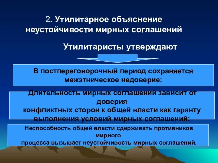 Утилитаристы утверждают 2. Утилитарное объяснение неустойчивости мирных соглашений В постпереговорочный период