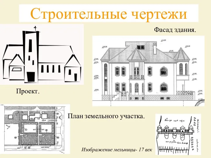 Строительные чертежи Фасад здания. План земельного участка. Изображение мельницы- 17 век Проект.