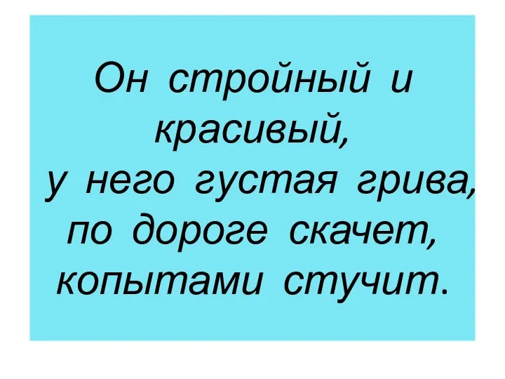 Он стройный и красивый, у него густая грива, по дороге скачет, копытами стучит.