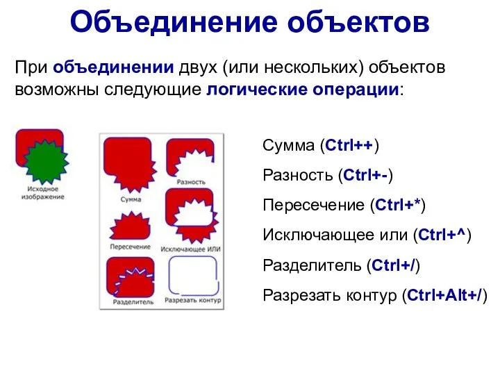 Объединение объектов При объединении двух (или нескольких) объектов возможны следующие логические