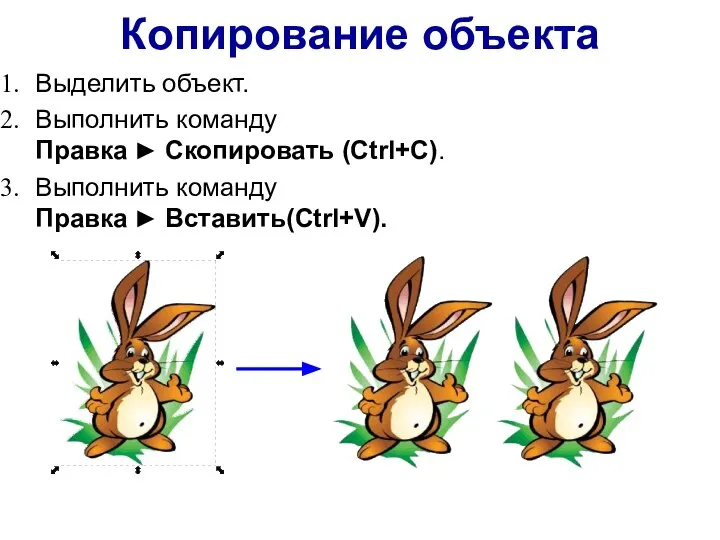 Копирование объекта Выделить объект. Выполнить команду Правка ► Скопировать (Ctrl+C). Выполнить команду Правка ► Вставить(Ctrl+V).