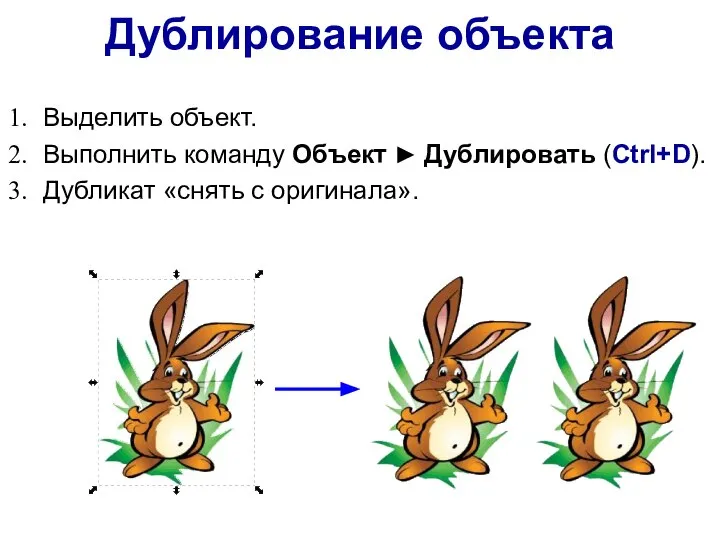 Дублирование объекта Выделить объект. Выполнить команду Объект ► Дублировать (Ctrl+D). Дубликат «снять с оригинала».