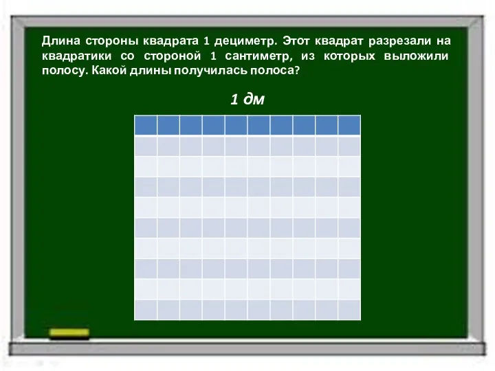 Длина стороны квадрата 1 дециметр. Этот квадрат разрезали на квадратики со