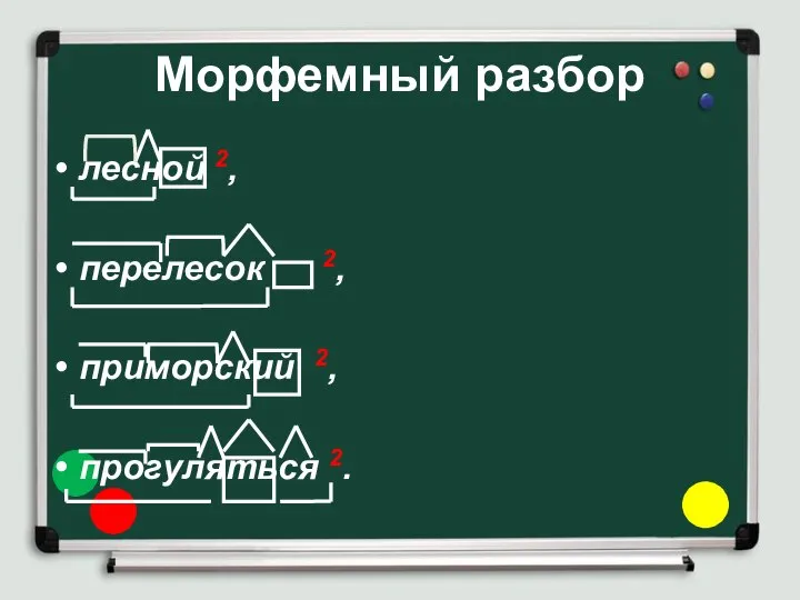 Морфемный разбор лесной 2, перелесок 2, приморский 2, прогуляться 2.