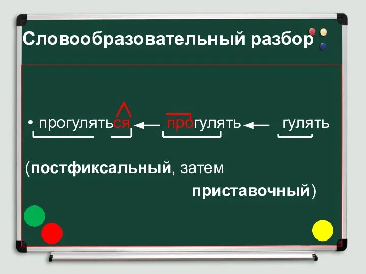 Словообразовательный разбор прогуляться прогулять гулять (постфиксальный, затем приставочный)