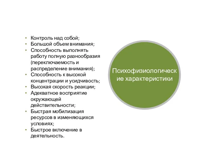 Психофизиологические характеристики Контроль над собой; Большой объем внимания; Способность выполнять работу