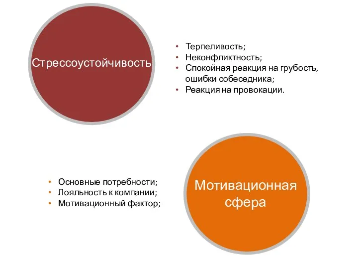 Стрессоустойчивость Терпеливость; Неконфликтность; Спокойная реакция на грубость, ошибки собеседника; Реакция на