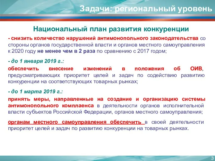 Задачи: региональный уровень Национальный план развития конкуренции - снизить количество нарушений