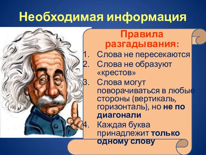 Необходимая информация Правила разгадывания: Слова не пересекаются Слова не образуют «крестов»