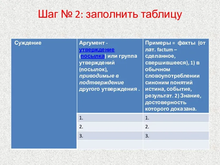 Шаг № 2: заполнить таблицу