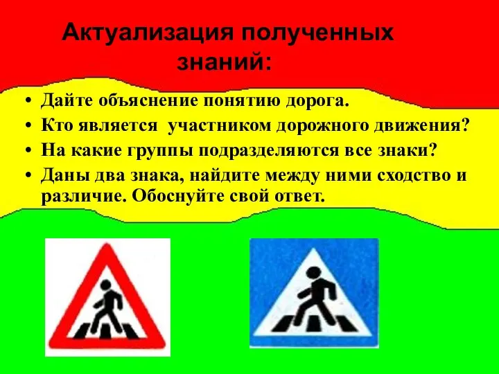 Актуализация полученных знаний: Дайте объяснение понятию дорога. Кто является участником дорожного