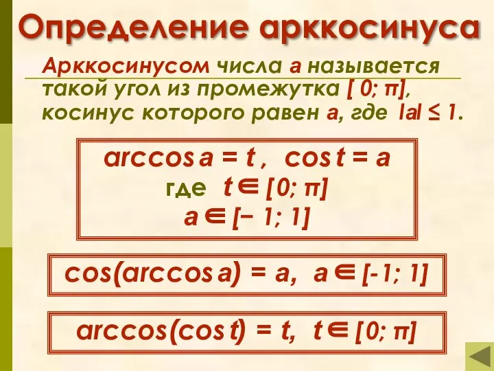 Определение арккосинуса Арккосинусом числа а называется такой угол из промежутка [