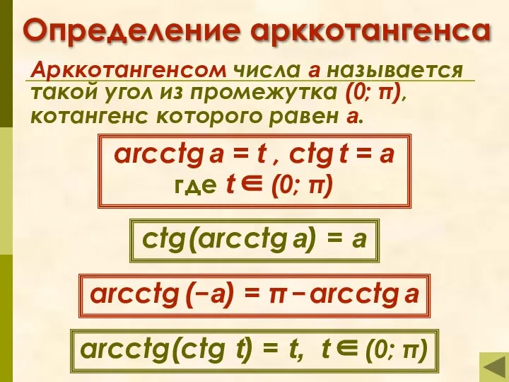 Определение арккотангенса Арккотангенсом числа а называется такой угол из промежутка (0;