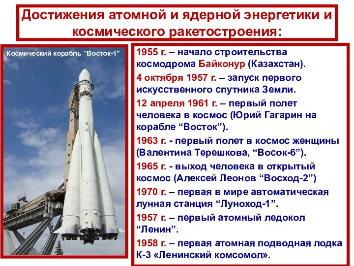 Достижения атомной и ядерной энергетики и космического ракетостроения: 1955 г. –