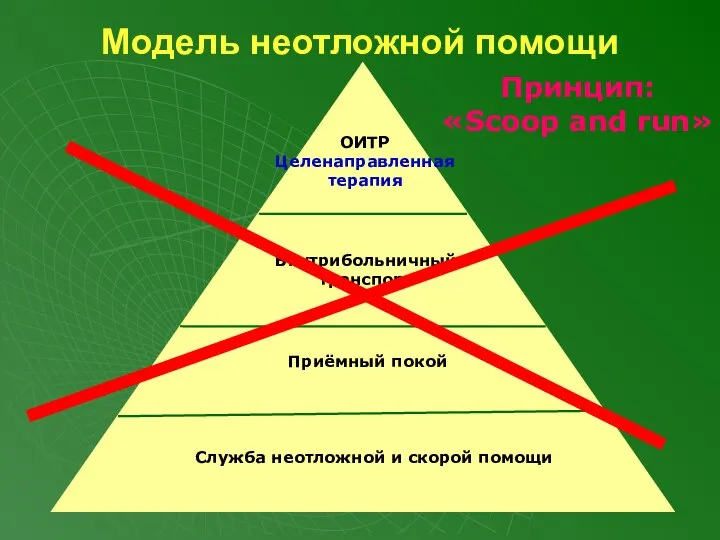 Модель неотложной помощи ОИТР Целенаправленная терапия Внутрибольничный транспорт Приёмный покой Служба