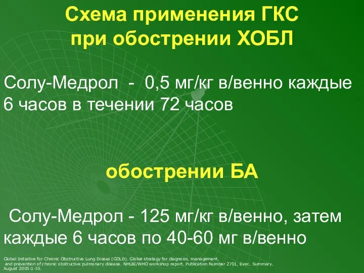 Схема применения ГКС при обострении ХОБЛ Солу-Медрол - 0,5 мг/кг в/венно