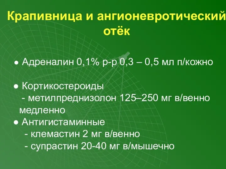 Крапивница и ангионевротический отёк Адреналин 0,1% р-р 0,3 – 0,5 мл