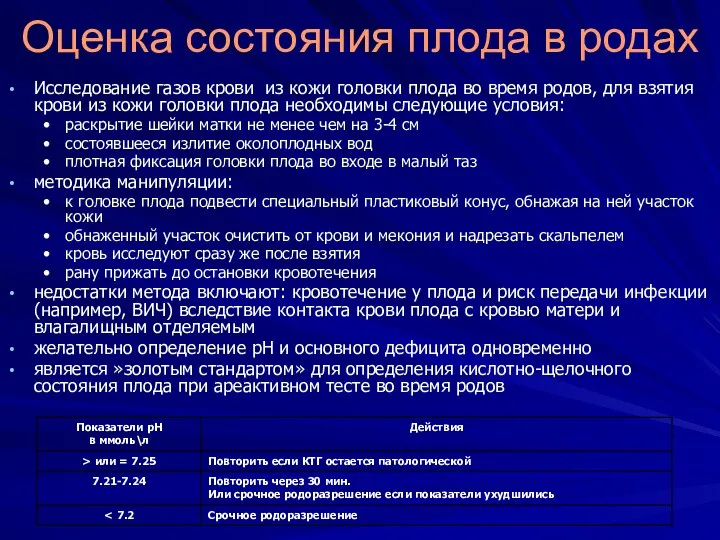 Оценка состояния плода в родах Исследование газов крови из кожи головки