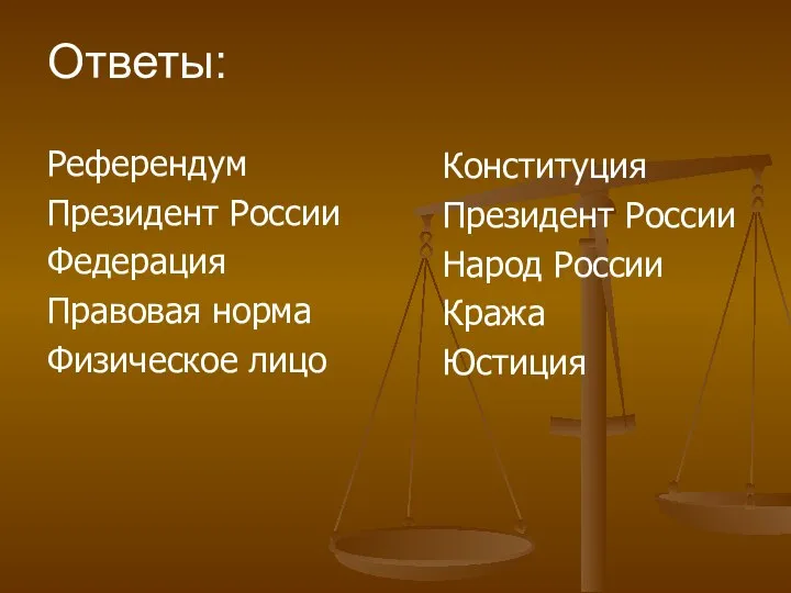 Ответы: Референдум Президент России Федерация Правовая норма Физическое лицо Конституция Президент России Народ России Кража Юстиция