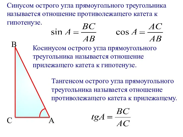 Синусом острого угла прямоугольного треугольника называется отношение противолежащего катета к гипотенузе.