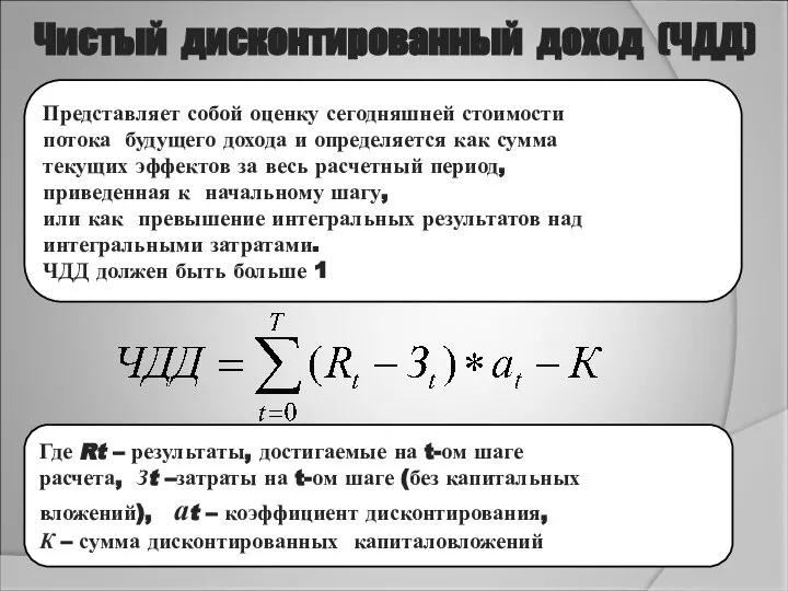 Представляет собой оценку сегодняшней стоимости потока будущего дохода и определяется как