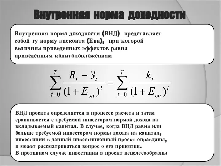 Внутренняя норма доходности Внутренняя норма доходности (ВНД) представляет собой ту норму