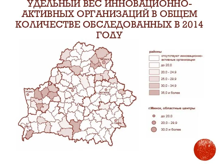 УДЕЛЬНЫЙ ВЕС ИННОВАЦИОННО-АКТИВНЫХ ОРГАНИЗАЦИЙ В ОБЩЕМ КОЛИЧЕСТВЕ ОБСЛЕДОВАННЫХ В 2014 ГОДУ