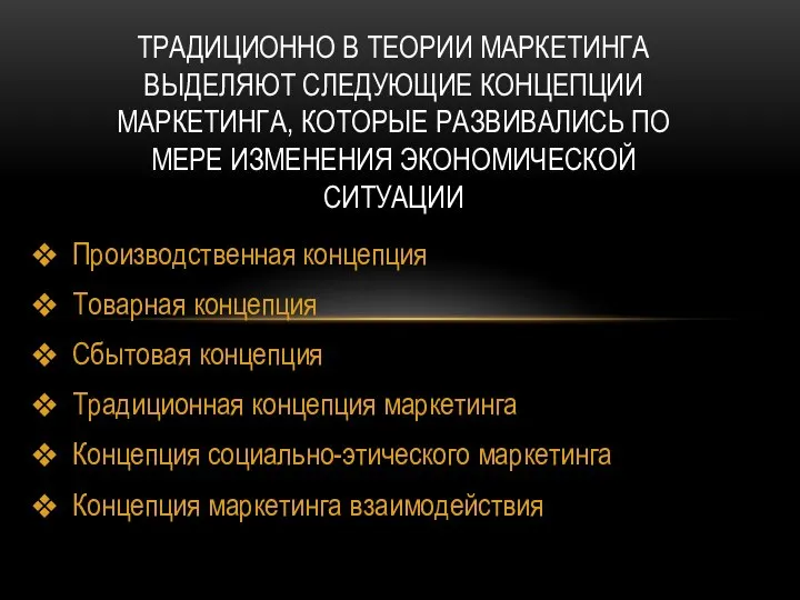 Производственная концепция Товарная концепция Сбытовая концепция Традиционная концепция маркетинга Концепция социально-этического