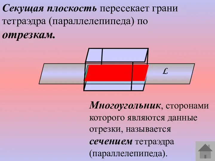 Секущая плоскость пересекает грани тетраэдра (параллелепипеда) по отрезкам. Многоугольник, сторонами которого