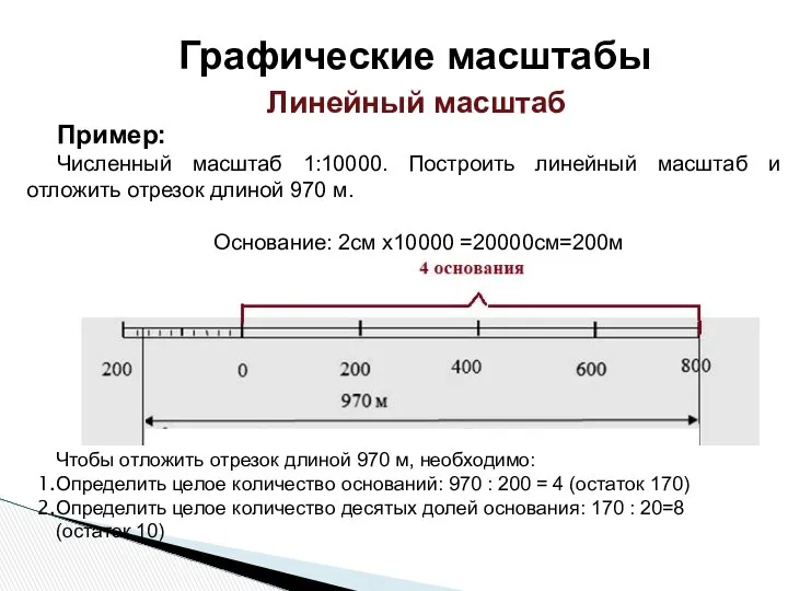 Линейный масштаб Графические масштабы Пример: Численный масштаб 1:10000. Построить линейный масштаб