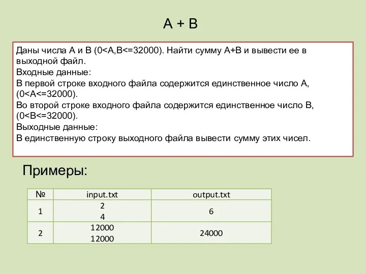 А + В Даны числа А и В (0 Входные данные: