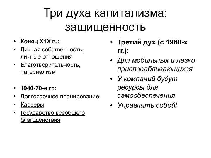 Три духа капитализма: защищенность Конец Х1Х в.: Личная собственность, личные отношения