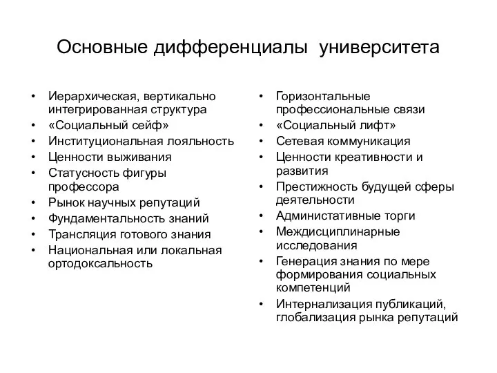 Основные дифференциалы университета Иерархическая, вертикально интегрированная структура «Социальный сейф» Институциональная лояльность