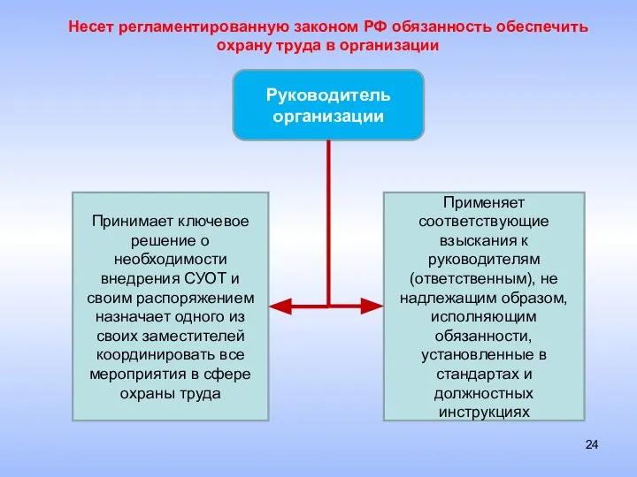 Руководитель организации Принимает ключевое решение о необходимости внедрения СУОТ и своим