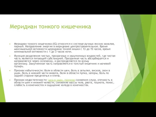 Меридиан тонкого кишечника Меридиан тонкого кишечника (IG) относится к системе ручных