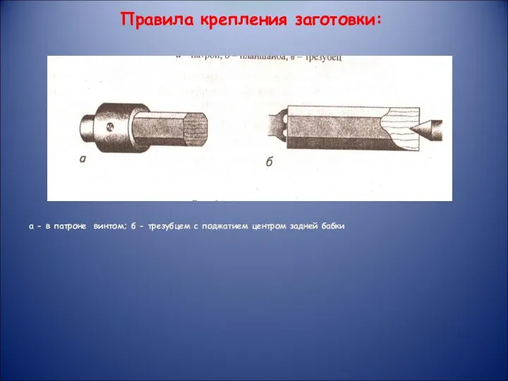 Правила крепления заготовки: а - в патроне винтом; б - трезубцем с поджатием центром задней бабки