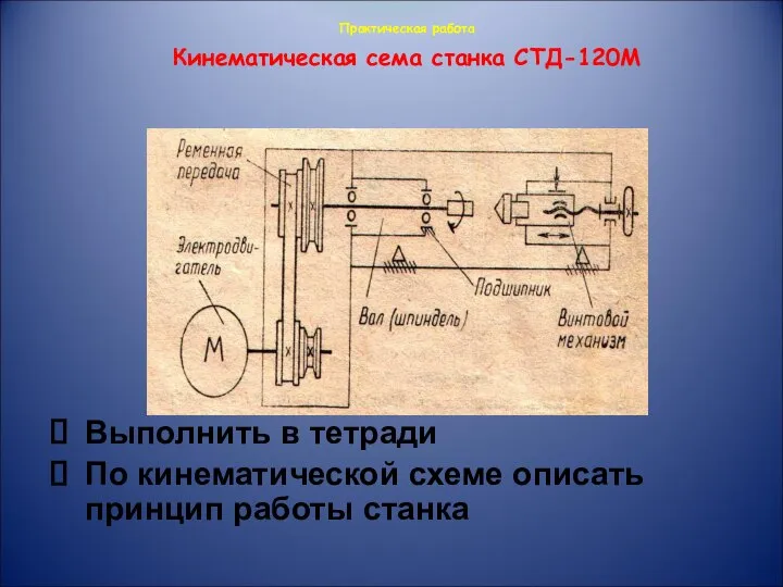 Выполнить в тетради По кинематической схеме описать принцип работы станка Практическая работа Кинематическая сема станка СТД-120М