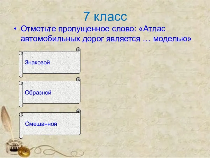 7 класс Отметьте пропущенное слово: «Атлас автомобильных дорог является … моделью» Знаковой Образной Смешанной